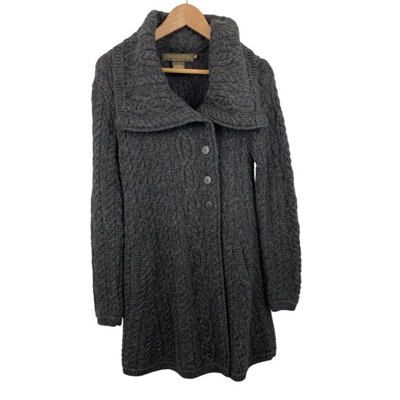 Irish Crafts Sweaters - Irish Crafts Gray Cable Knit Long Button Up Cardigan Sweater Womens Size Small